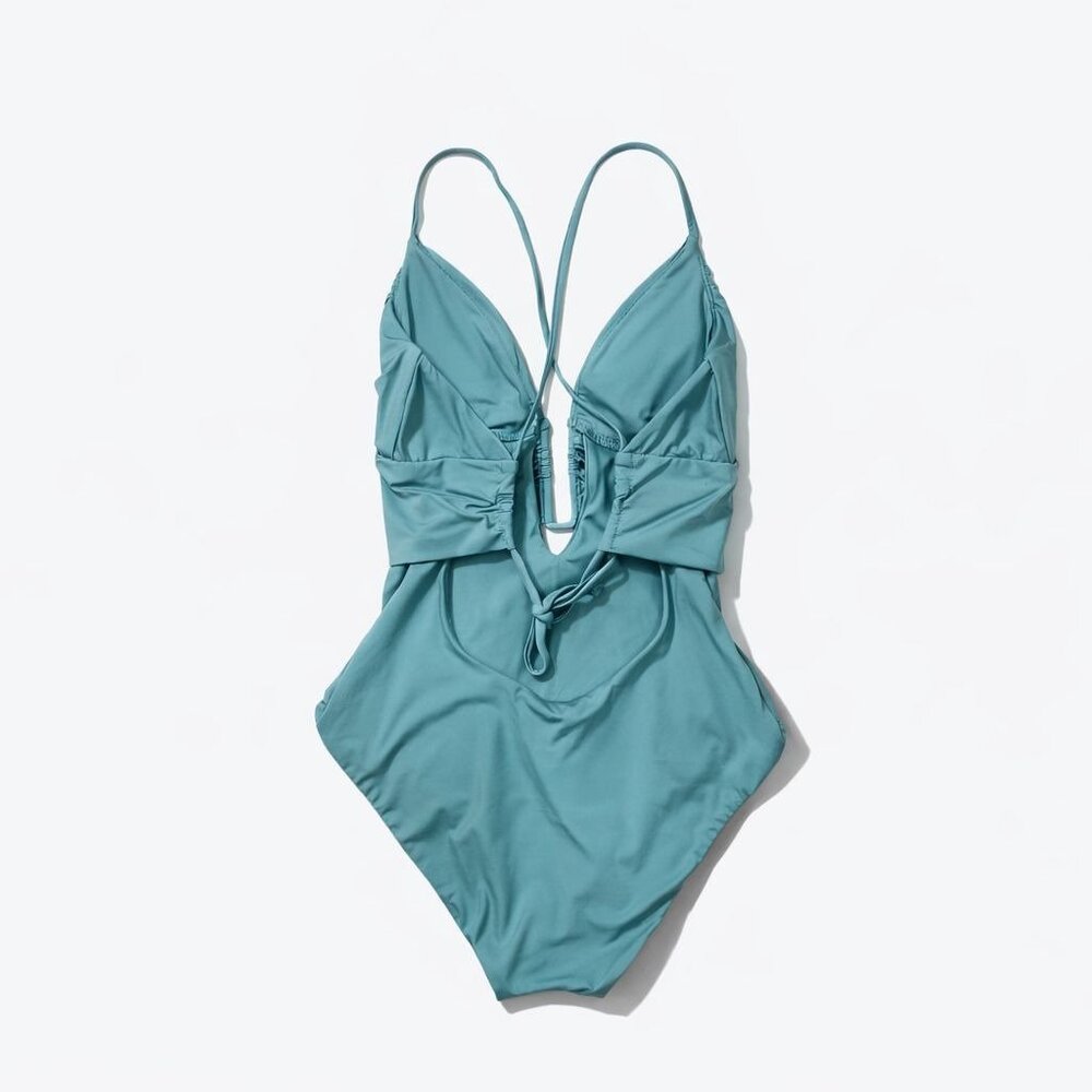 Becca Bristol Plunge One-Piece Cutout Crisscross Swimsuit Mineral Blue Size S - Picture 4 of 16